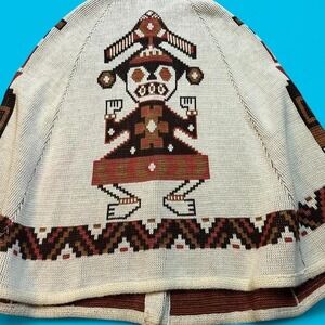 70s Sturbridge Tribal Aztec knit Cape Poncho sweater Southwestern Boho Coat